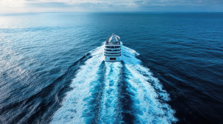 Cruise ship cutting through the open ocean, leaving a trail of foam behind and wide-open water for text.の素材