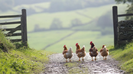 Hen and chicks walking toward a farm gate, with the open countryside for copy space.の素材