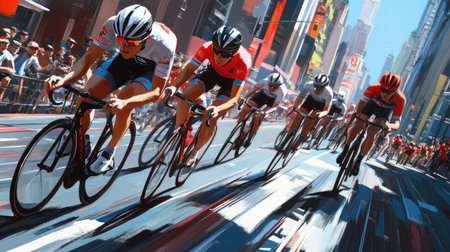 Cyclists in a tight pack racing on a city street, with buildings and crowd in view.の素材