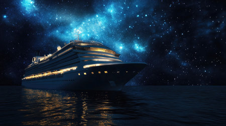 Cruise ship sailing at night, illuminated by lights with a starry sky above for copy space.の素材