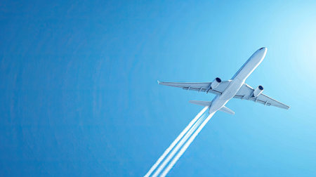 An airplane making a contrail in a clear blue sky, leaving space for copy in the upper portion.の素材