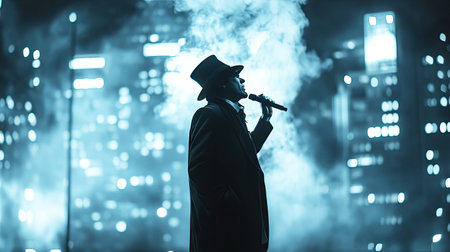 A street performer singing in harmony with a city backdrop and space for copy.の素材