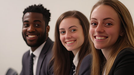 A group of coworkers smiling in a meeting room with a clean, empty background for text.の素材