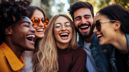 A group of friends smiling and laughing together, with a clean background for textの素材