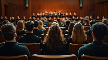A choir singing in a church or auditorium, with empty space above for adding text.の素材