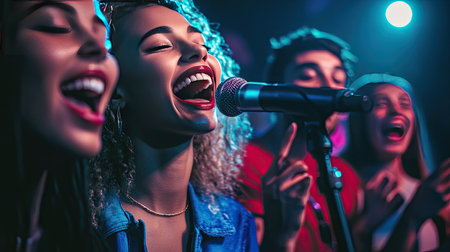 A group of friends singing karaoke with ample space in the background for text.の素材