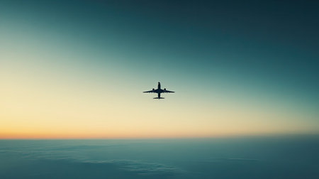 A distant airplane in the sky with an expansive, empty backdrop for text.の素材
