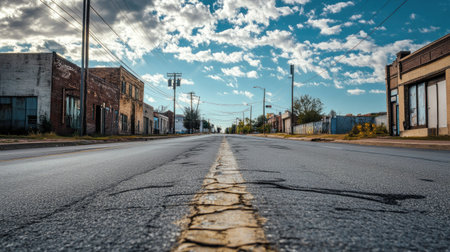 A deserted street with an unclear path ahead, providing space for copy in the open sky.の素材