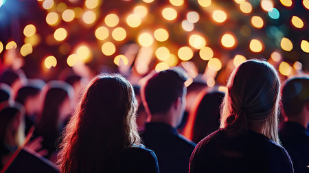 A choir performing at a festival with open space in the background for text.の素材