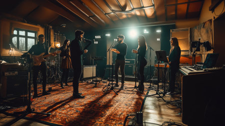 A group of singers in a recording studio, with space around them for text or branding.の素材