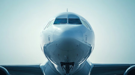 A close-up of an airplane nose with a clean sky or airport background for text. -の素材