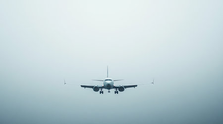 A jet aircraft approaching for landing with a clear horizon for copy space. -の素材