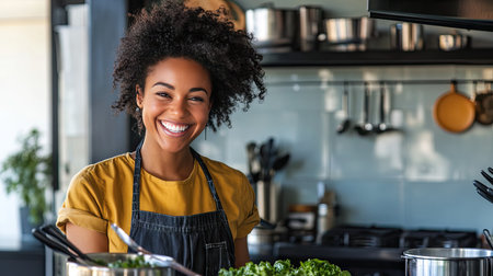 A person smiling while cooking in the kitchen, with an uncluttered background for copy.の素材