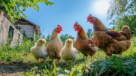 A family of chickens feeding together in the yard, with clear sky above for text.の素材