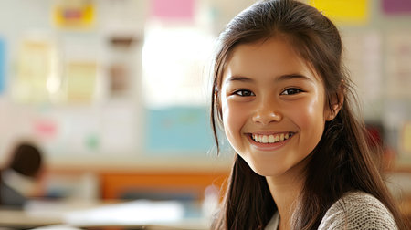 A smiling student in a classroom with a clean wall or desk providing space for copy.の素材