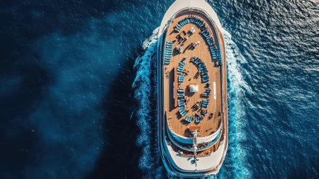Aerial view of a cruise ship deck with passengers relaxing, leaving plenty of sky for text.の素材