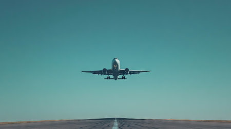 A sleek airplane taking off with a clear sky and ample space above for text.の素材