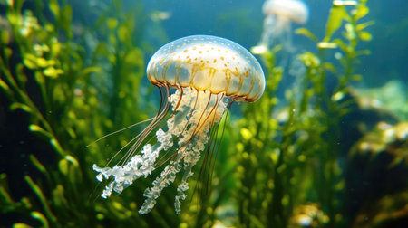 A jellyfish swimming among sea plants, with space around it for copy.の素材