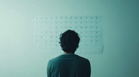 A person staring at an empty calendar, with plenty of background space for text.の素材