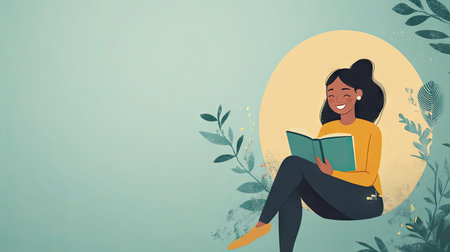 A person smiling and reading a book in a cozy nook, with plenty of space around for copy.の素材