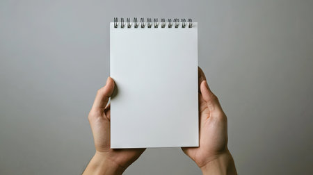 A person holding a blank notepad with a neutral background providing space for text. -の素材