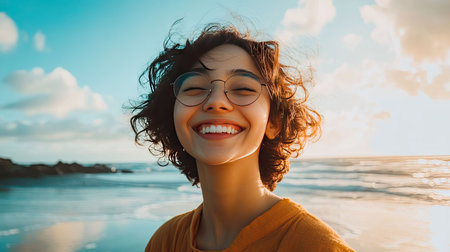 A person with a radiant smile at a beach, with ample space for text in the sky or sand.の素材