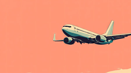 A sleek airplane taking off with a clear sky and ample space above for text.の素材