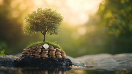 A tree growing out of a stack of coins, representing financial growth, with room for copy.の素材