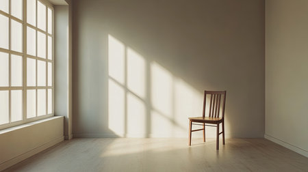 An empty room with blank walls and a single chair, providing space for text.の素材