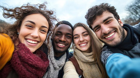 A smiling group of friends taking a selfie outdoors, with ample space for text.の素材