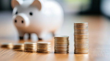 A row of coins in ascending order, with a piggy bank in the background and space for text.の素材