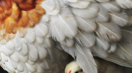 Close-up of a hen feathers, with one chick peeking out from beneath her, and space for copy.の素材