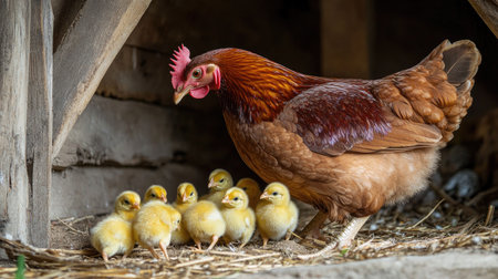Close-up of a hen feeding her chicks in a rustic setting, with clear background for text.の素材