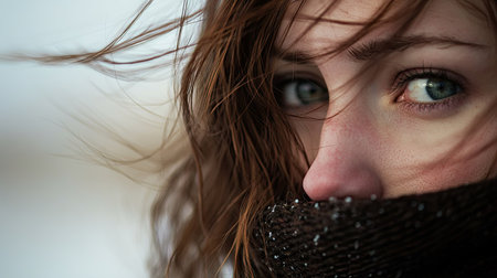 Close-up of a person's face with wind-blown hair and a chilly expression, with a blurred background for text.の素材