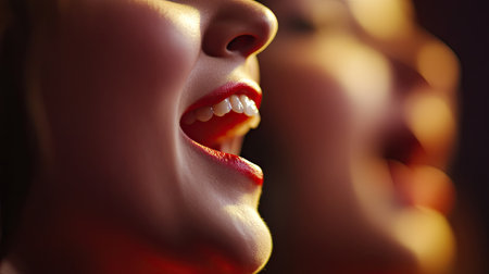 Close-up of singer faces with a soft-focus background, leaving room for copy.の素材