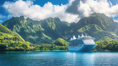 Cruise ship pulling into a harbor with lush mountains behind, providing room for text in the sky.の素材