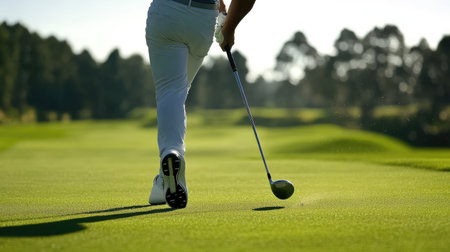 Golfer swinging a driver, the ball flying towards a distant fairway. -の素材