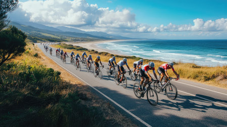 Cyclists racing along a beachside road, the ocean visible in the background.の素材