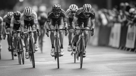 Cyclists in a sprint finish, with a tight pack racing towards the line. -の素材