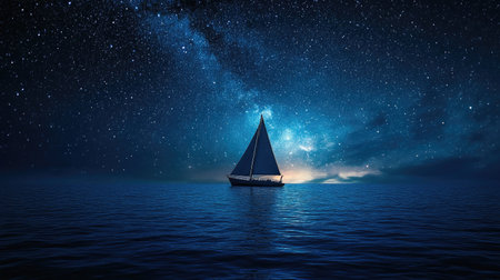 Sailboat drifting under a clear night sky filled with stars, with open water for copy space.の素材