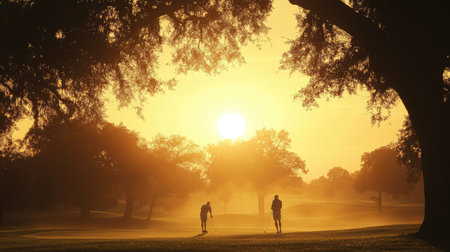 Golfers teeing off at sunrise, the ball soaring through the air. -の素材
