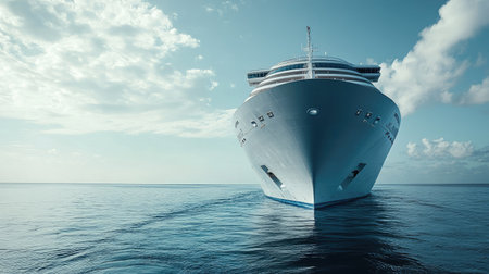 Close-up of the cruise ship bow, with the ocean stretching out ahead for text.の素材