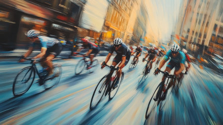 Cyclists racing down a city street, captured in a fast-paced urban setting.の素材