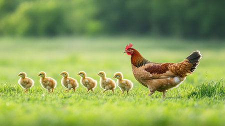 Hen and chicks walking in a line, with room in the green field for copy. -の素材