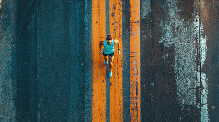 Runner crossing the finish line of a marathon, viewed from above with the road ahead.の素材