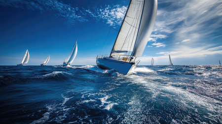 Sailboat racing in the open ocean, with billowing sails and clear space in the sky.の素材