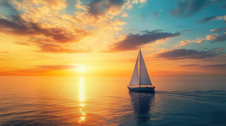 Sailboat sailing toward the horizon, with a peaceful sunset sky and ocean for text.の素材