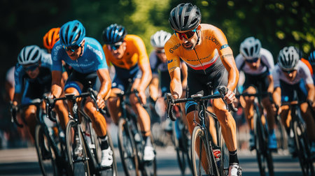 Cyclists drafting each other in a road race, focused on speed and endurance.の素材