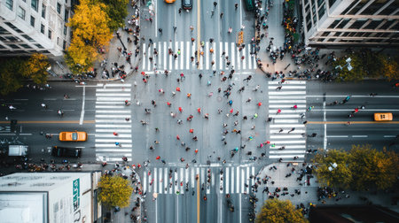 Marathon runners crossing a city street, with buildings and spectators in sight from above.の素材