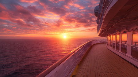 Sunset over a cruise ship deck, with space in the glowing sky for copy. -の素材